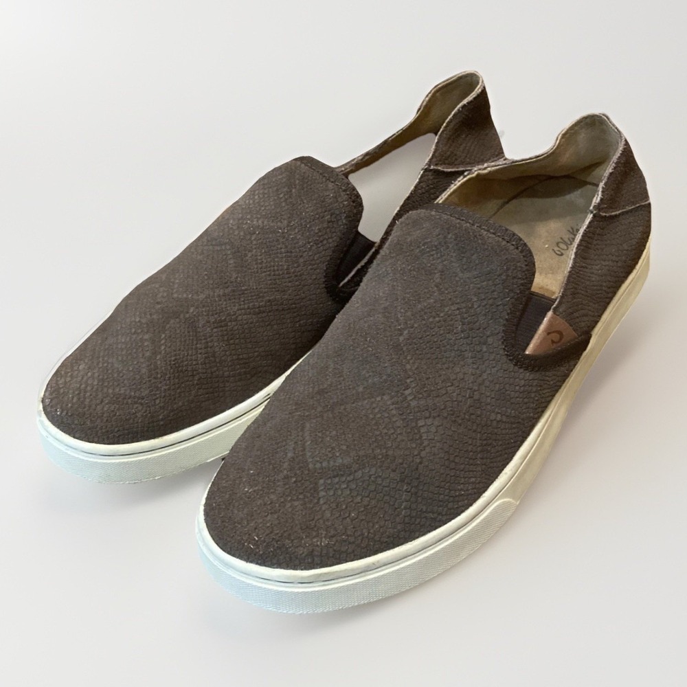 Olukai Pehuea Shoes Women's Brown Suede Leather Slip Step In Snakeskin Sz 10